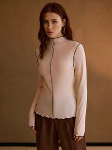 MOTF PREMIUM AUTUMN/WINTER CONTRAST LETTUCE TRIM MOCK NECK FITTED STYLISH ELEGANT WOMEN T-SHIRT - Pink - View 5