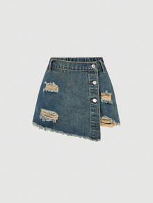 SHEIN Girlism Pantalones cortos vaqueros azules rasgados y deshilachados de estilo casual de verano para niñas preadolescentes, conjuntos de primavera, atuendos de rave, festivales y uso diario - Azul - Ver 1