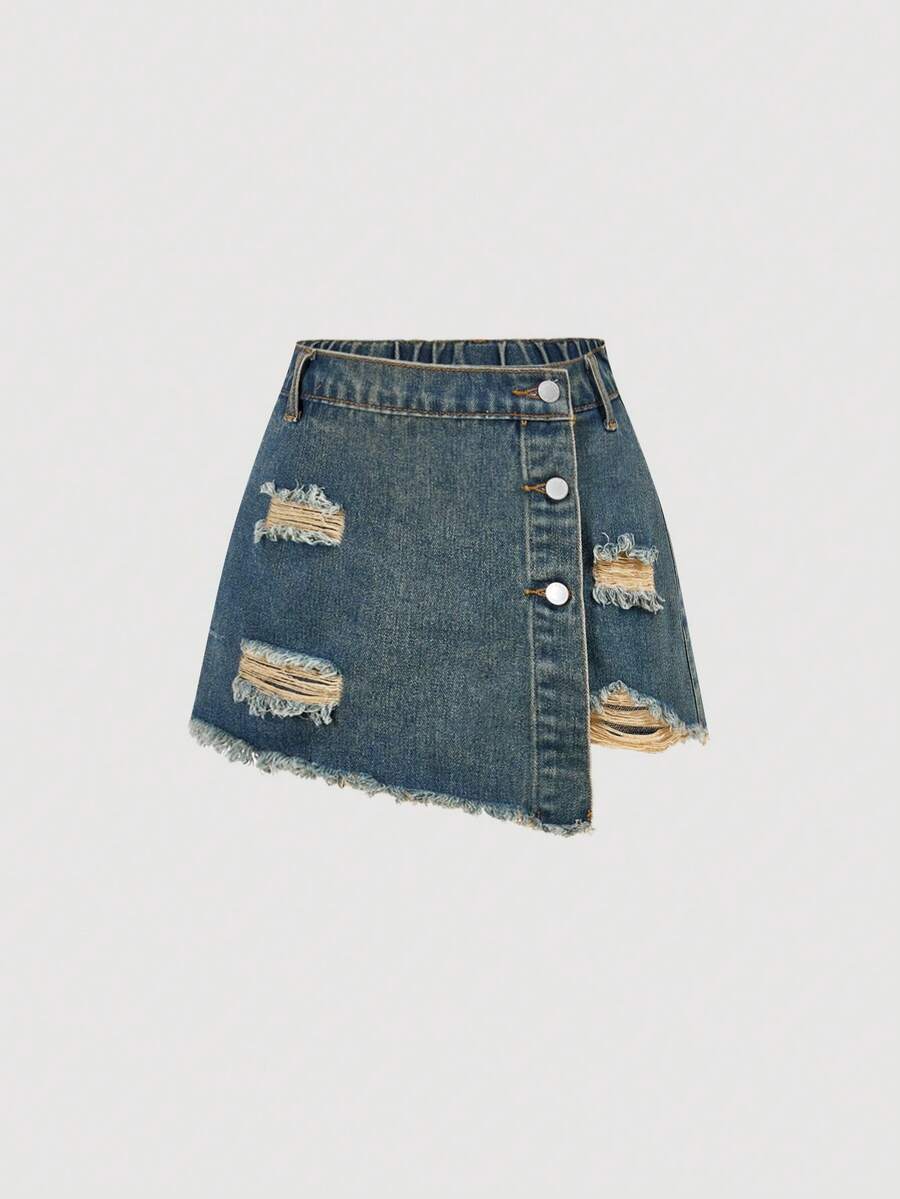 SHEIN Girlism Pantalones cortos vaqueros azules rasgados y deshilachados de estilo casual de verano para niñas preadolescentes, conjuntos de primavera, atuendos de rave, festivales y uso diario - Azul - Ver 1