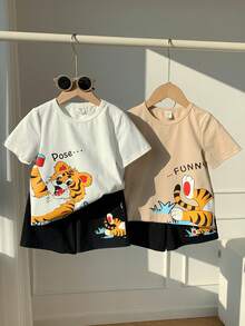SHEIN Conjunto de 4 piezas de camiseta y pantalones cortos con estampado de tigre lindo para niño pequeño - Multicolor - Ver 4