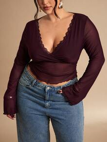 SHEIN BAE Blusa de manga larga con parches de encaje y malla de unicolor, camiseta interior, prenda exterior, para el Día de San Valentín, talla grande - Morado - Ver 3