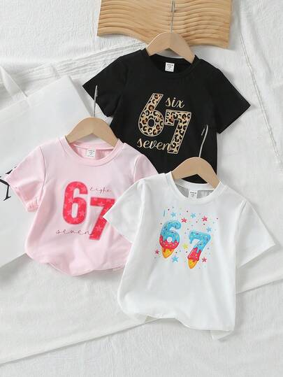 3pcs/Set Girls Toddler Numeric Pattern T-Shirts, Cute "67" Creative Print Tops, Multiple Style Short Sleeve Outfit, Suitable For Summer Daily Wear