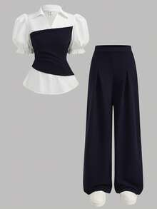 SHEIN Girlism 少女两件套针织撞色翻领短袖衬衫和裤子，休闲都市风拼接撞色两件套衬衫和阔腿裤套装 - 藍白色 - 查看 14