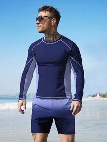 Manfinity Swimmode Men's Beach Vacation Casual Long Sleeve Top & Shorts 2 Pieces Set - Dusty Blue - View 4