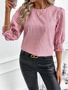 SHEIN Clasi 女士休闲通勤条纹泡泡袖衬衫，夏季 - 紅白色 - 查看 5