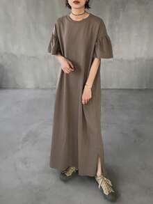 FRIFUL 100%纯棉纯色圆领拼接褶皱直筒宽松休闲百搭长连衣裙/吊带裙 - 咖啡棕 - 查看 6