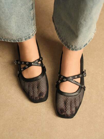 Rosivie New Breathable Mesh Casual Soft Bottom Hook & Loop Criss-Cross Slip-On Flat Versatile Comfortable Square Toe Loafers