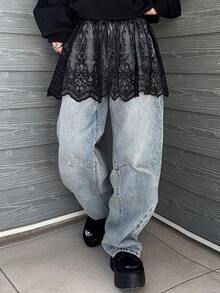 FRIFUL 女士时尚休闲日常薄纱刺绣半身裙 - 黑色 - 查看 5