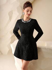 Modelyn Women's Black Woven Bubble Texture Rhinestone Trim Waist Flare Hem Elegant Long Sleeve Dress, Spring/Summer - Black - View 4