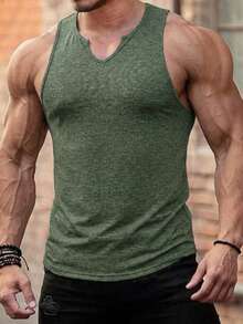 Manfinity Dauomo Áo tank top nam mùa hè, màu trơn, cổ chữ V - Màu xanh lá cây đậm - Xem 1