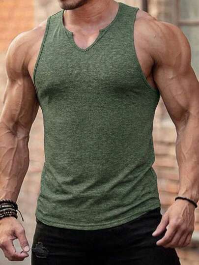Manfinity Dauomo Men's Summer Casual Solid Color Notched Neck Tank Top