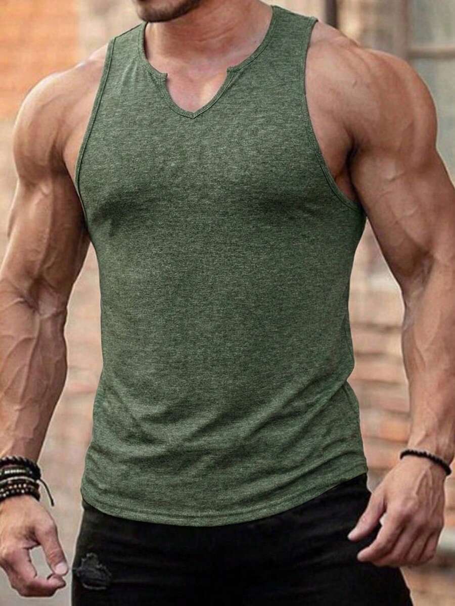 Manfinity Dauomo Áo tank top nam mùa hè, màu trơn, cổ chữ V - Màu xanh lá cây đậm - Xem 1