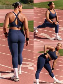 GLOWMODE OptiDry Plus Size Win Soft Stretchy Built-In Cups Square Neck Front Zipper Crossover Back Sports Bra Running Gym Workout Spring - Dark Blue - View 8