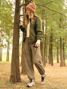 SHEIN In My Nature 女士字母印花抽绳腰带口袋阔腿宽松户外裤 - 卡其色 - 查看 7