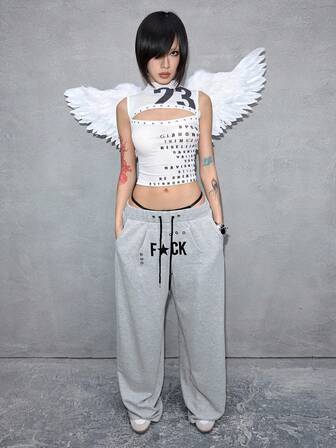 ROMWE Avant Vintage Letter Print Drawstring Loose Straight Leg Maxi Sweatpants For Women