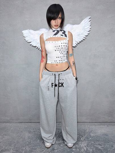 ROMWE Avant Vintage Buchstaben-Muster Kordelzug Loose Gerades Bein Maxi Jogginghose für Frauen