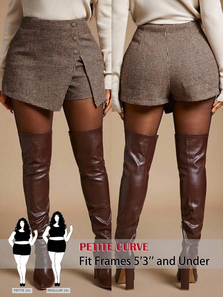 SHEIN PETITE CURVE Quần short họa tiết răng cưa cỡ lớn dành cho nữ, thích hợp cho Ngày Valentine, trang phục lễ hội cho nữ, mặc hàng ngày, đi làm, văn phòng, đi học, lễ tốt nghiệp, tiệc tùng, đi chơi, thanh lịch. - màu nâu - Xem 1