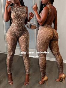 Slaydiva New Spring/Summer Music Festival Valentine's Day Casual And Simple Basic Style Y2K Street Sweet Internet Sensation Bestseller Daily Date Hot Girl Style Sexy Round Neck Large Backless Slimming Long Pants Leopard Print Women's Tight Jumpsuit -B Bodycon Jumpsuit Sexy Jumpsuit Animal Print Jumpsuit Leopard Jumpsuit Cheetah Print  Sexy Jumpsuit For Women - Multicolor - View 10