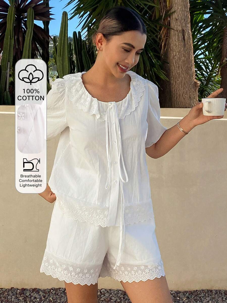 DAZY 甜美刺绣荷叶边泡泡袖女士睡衣套装