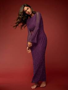 Opulessa 1pc Black Backless Flare Sleeve Round Neck Sexy Long Sleeve Dress,For Party