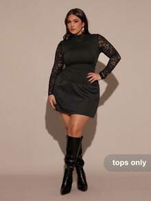 SHEIN BAE Plus Size Autumn/Winter Women's Casual Vintage Solid Color Knit Contrast Lace Long Sleeve Fitted Women Top,Fall,Christmas, New Year,Casual,Plus Size Formal,Elegant, Thanksgiving Day,Black Lace Top,Christmas, New Year,Casual,Plus Size Formal,Elegant, Thanksgiving Day Top - White - View 5
