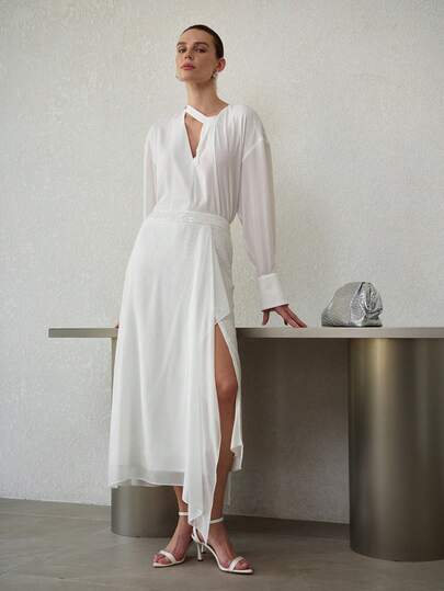 MOTF PREMIUM WOMEN'S ASYMMETRICAL CHIFFON FLOWY SPLIT THIGH SKIRT WITH SEQUINS EMBELLISHMENT, SPRING/SUMMER