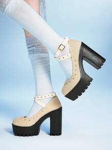 Sugerpunk Women's Thick Sole Buckle Design Fashion Studded High Heels Valentine's Day - Apricot - View 1