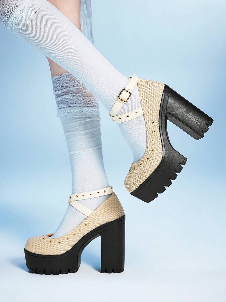 Sugerpunk Women's Thick Sole Buckle Design Fashion Studded High Heels Valentine's Day - Apricot - View 1