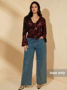 SHEIN BAE Áo cardigan dài tay chuông màu đen xuyên thấu, thanh lịch và gợi cảm dành cho nữ cỡ lớn, phù hợp mặc hàng ngày, đi chơi, hẹn hò, uống trà chiều, đi nghỉ mát, mùa xuân/hè, lễ tốt nghiệp, trang phục mùa hè cho nữ. - Màu Đỏ Sâu - Xem 3