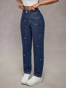 SHEIN Tall Fashionable High-Waisted Rhinestone Embellished Washed Tapered Jeans - Dark Wash - View 4