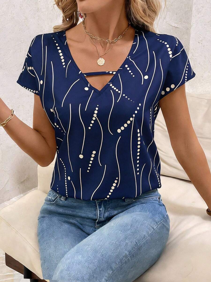 SHEIN Clasi 女士镂空印花休闲短袖上衣 - 藏蓝色 - 查看 1