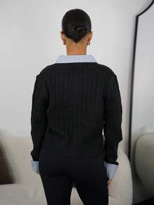 SAYEHFBABY New Blogger-Style Fashionable Design Sense Preppy Style 2 In 1 Patchwork Knitted Cardigan Crop Sweater Fall Winter Cloth For Women - Black - View 2