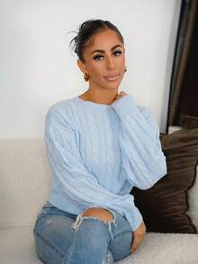 SAYEHFBABY Plain Round Neck Twist Knit Casual Pullover Sweater Knit Pullover Fall Winter Outfit - Baby Blue - View 6