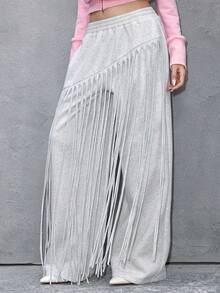 ROMWE Avant 女士不对称流苏直筒宽松运动裤 - 淺灰色 - 查看 5