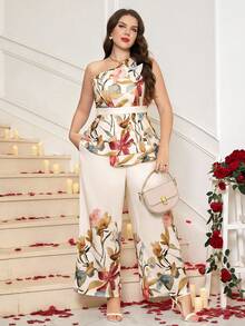 Ellevyn 两件套加大码女式优雅金箔装饰无袖露脐上衣和阔腿裤套装 - 彩色 - 查看 4