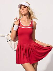CourtClass Women's Summer Contrast Trim Pleated Hem Waist Cinched Tennis Dress - Burgundy - View 5