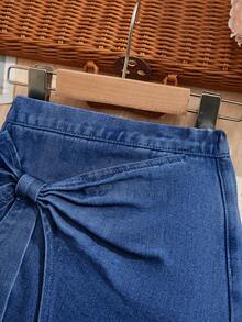 SHEIN Jupe en jean bleu Y2K avec décoration de nœud pour jeune fille, tenue de vacances décontractée de printemps et d'été pour filles, style bohème champêtre, tenues de plage pour filles - Jean brut - Voir 6