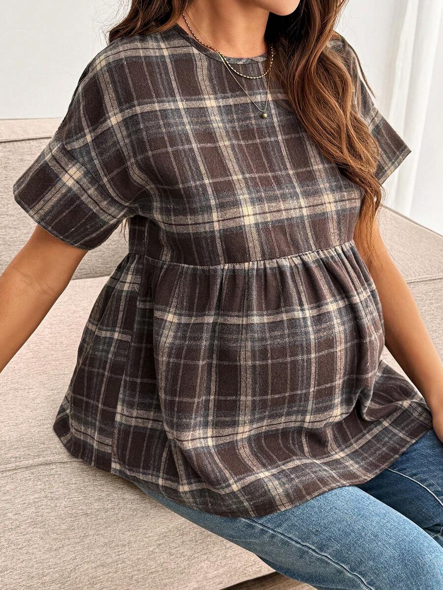 SHEIN 格子印花圆领休闲百搭孕妇短袖衬衫 - 彩色 - 查看 1