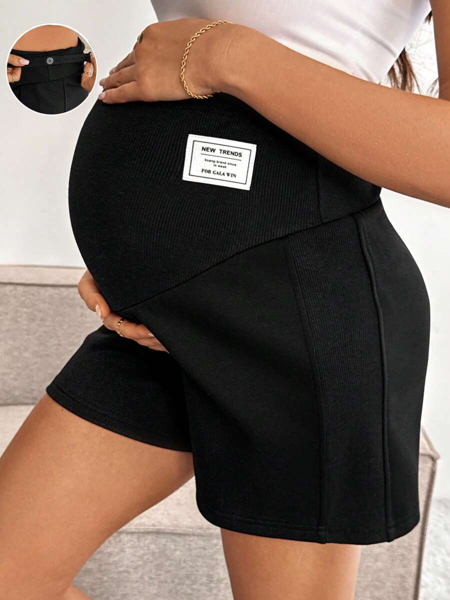 SHEIN 孕妇字母图案松紧腰宽松休闲短裤 - 黑色 - 查看 1