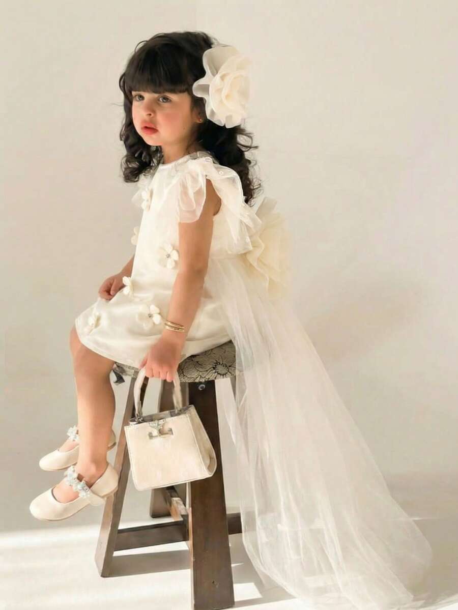 优雅可爱的白色网纱碎花无袖女婴连衣裙 - 彩色 - 查看 1