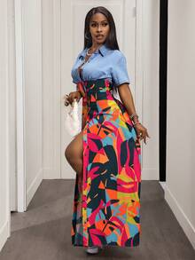 Slaydiva Women's Casual Vacation Style Tropical Print Short Sleeve Waist Cinched Denim Dress, Spring/Summer/Autumn - Blue - View 6