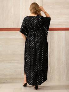 Roveilla Plus Size Women's New Wedding Guest Batwing Sleeve Middle Eastern Elegant Loose Dress, Romantic Long Dress With Embroidery Decor, Platinum Polka Dot Dress, Wedding Guest Gown Luxury Dress For Women Caftan Dress Maweii Plus Size Dress Curve Elegant Dress Plus Size Elegant Dress Luxury Caftan Dress For Women Plus Size Evening Gown - Black - View 3