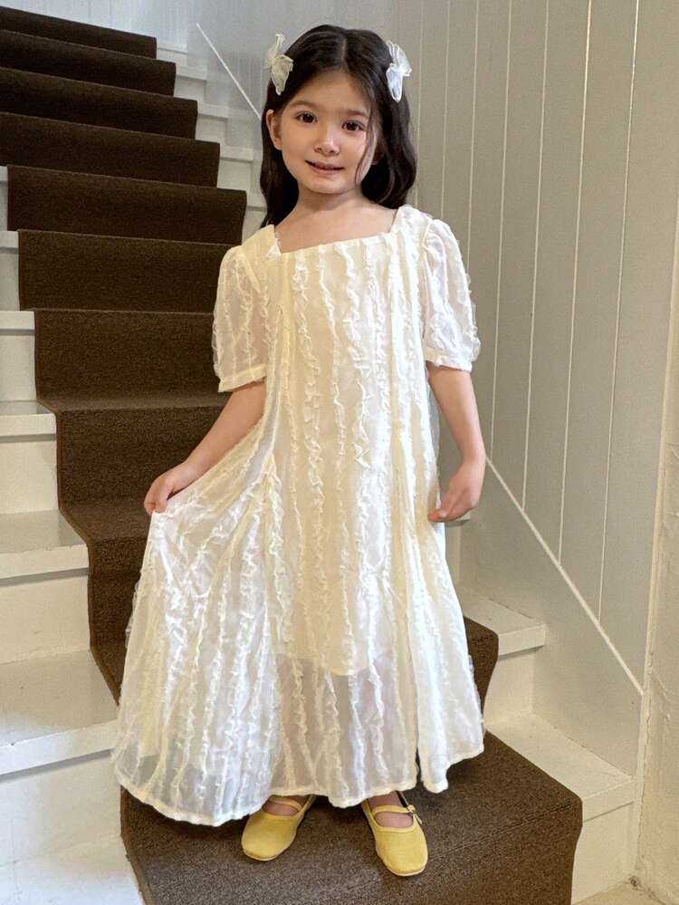 Young Girl Solid Color Square Neck Short Puff Sleeve Layered Frill Trim Loose Dress