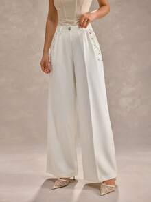CLARA VERO White Pearl And Rhinestone Embellished Wide Leg Pants: Loose Fit, Ideal For Special Occasions Or Daywear, Made From Non-Elastic Polyester Fabric With Double Front Pleats, High Waist And Elegant Beaded Hem Details - White - View 4