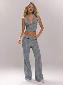 Sweetina Women's Casual Plaid Ultra Low-Rise Flare Leg Pants - Grey - View 4