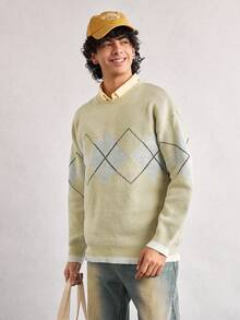 Open Phase Men's Casual Loose Pullover Sweater With Tennis, English Letter, Heart-Broken, Number All-Over Pattern, Retro Streetwear, Autumn/Winter, Long Sleeve Top Summer Outfits,Suitable For Everyday Wear,Relaxed Fit ,Summer Holiday Outfits - Green - View 1