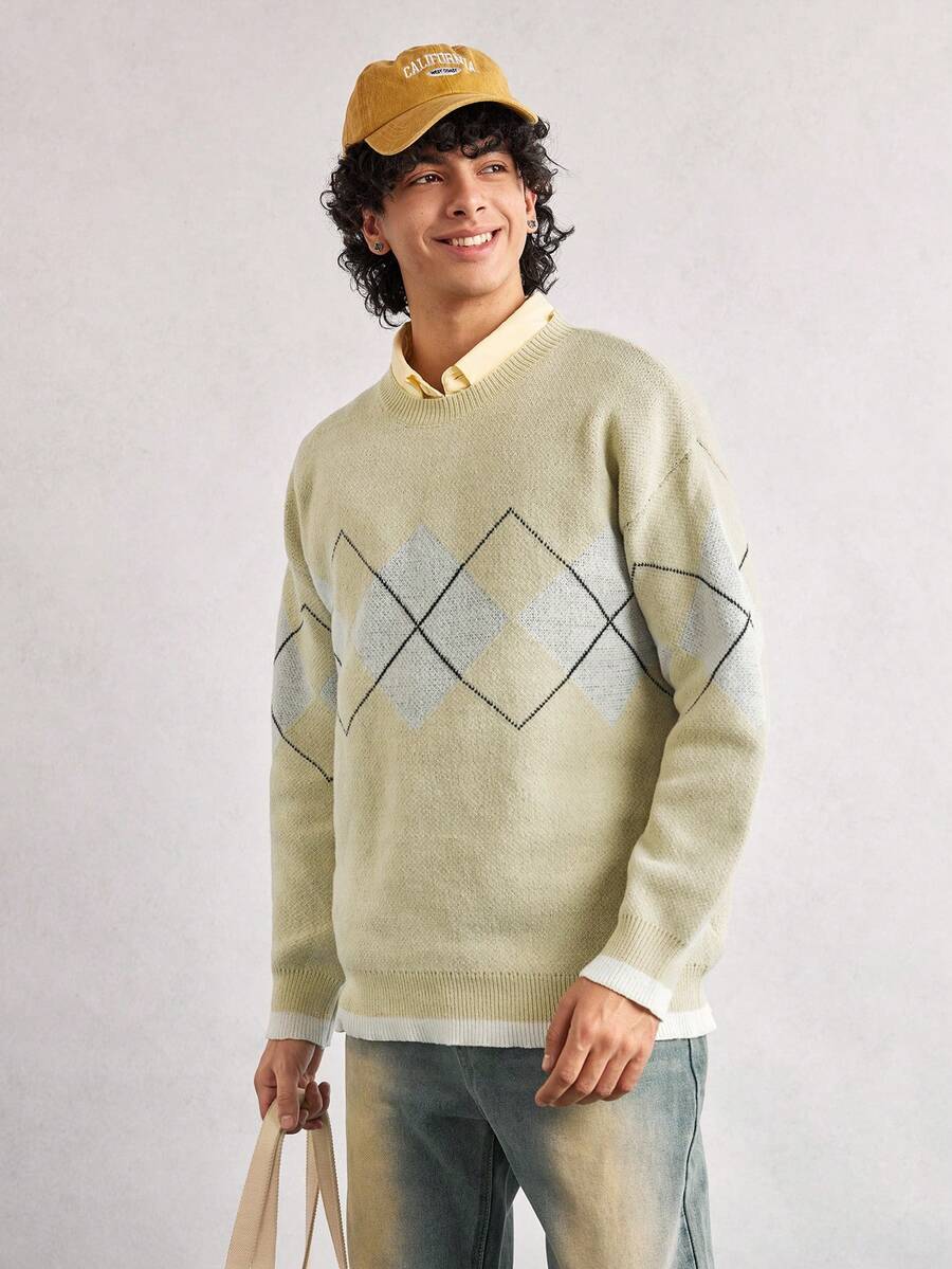 Open Phase Men's Casual Loose Pullover Sweater With Tennis, English Letter, Heart-Broken, Number All-Over Pattern, Retro Streetwear, Autumn/Winter, Long Sleeve Top Summer Outfits,Suitable For Everyday Wear,Relaxed Fit ,Summer Holiday Outfits - Green - View 1