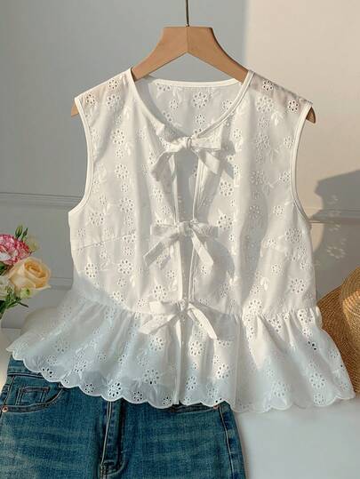 Comfortcana Blusa de mujer de unicolor con cuello redondo, sin mangas, con lazo y adorno de encaje bordado