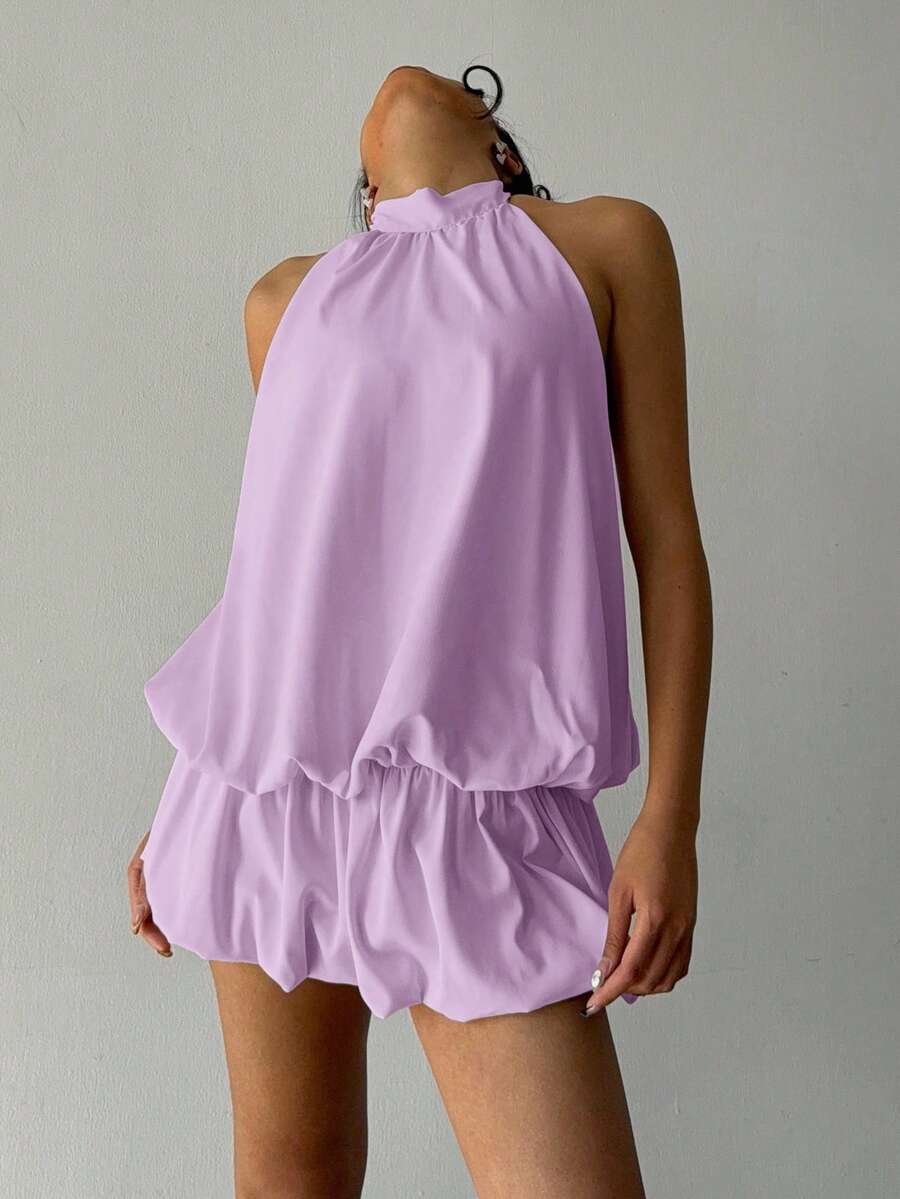 Aloruh Gaun Mini Halter Tanpa Punggung Warna Polos Seksi untuk Wanita, Musim Panas, Gaun Musim Panas untuk Wanita - Lilac Purple - View 1