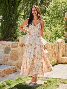 KARISMINA 浪漫花卉印花层叠荷叶边连衣裙，适合女性度假穿着，春夏皆宜 - 米色 - 查看 4